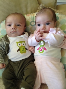 A picture of our dynamic duo, Declan and Peyton, at 2 months